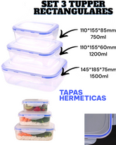 SET DE 3 TUPPER RECTANGULARES DE PLASTICO, CON TAPAS HERMETICAS/LONCHERA