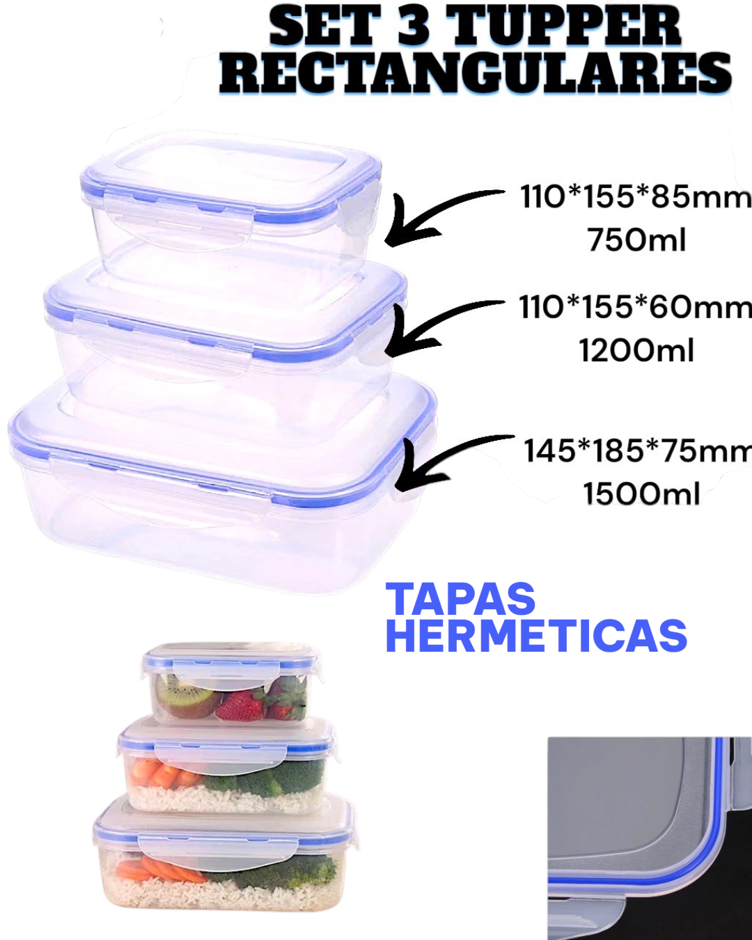 SET DE 3 TUPPER RECTANGULARES DE PLASTICO, CON TAPAS HERMETICAS/LONCHERA Imagen principal del producto