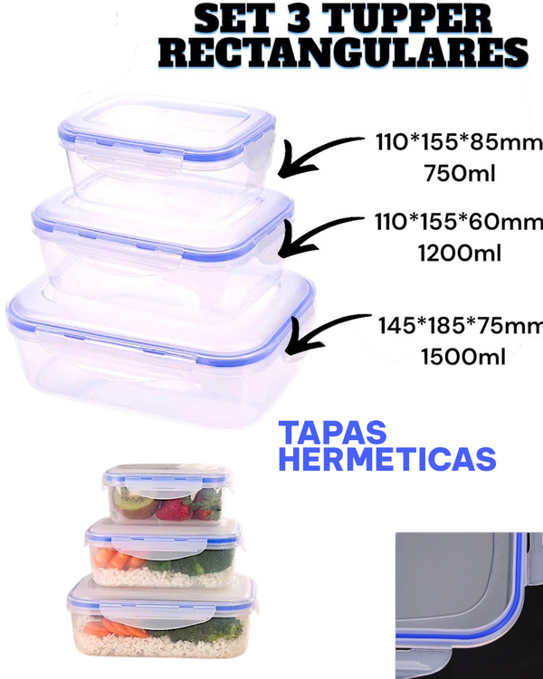 SET DE 3 TUPPER RECTANGULARES DE PLASTICO, CON TAPAS HERMETICAS/LONCHERA