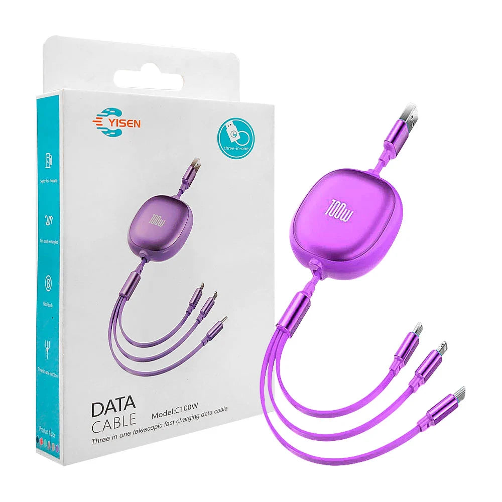 Cable cargador retráctil usb 3 en 1 yisen con entrada tipo c, v8 y lightning, 100w - c100w Imagen principal del producto
