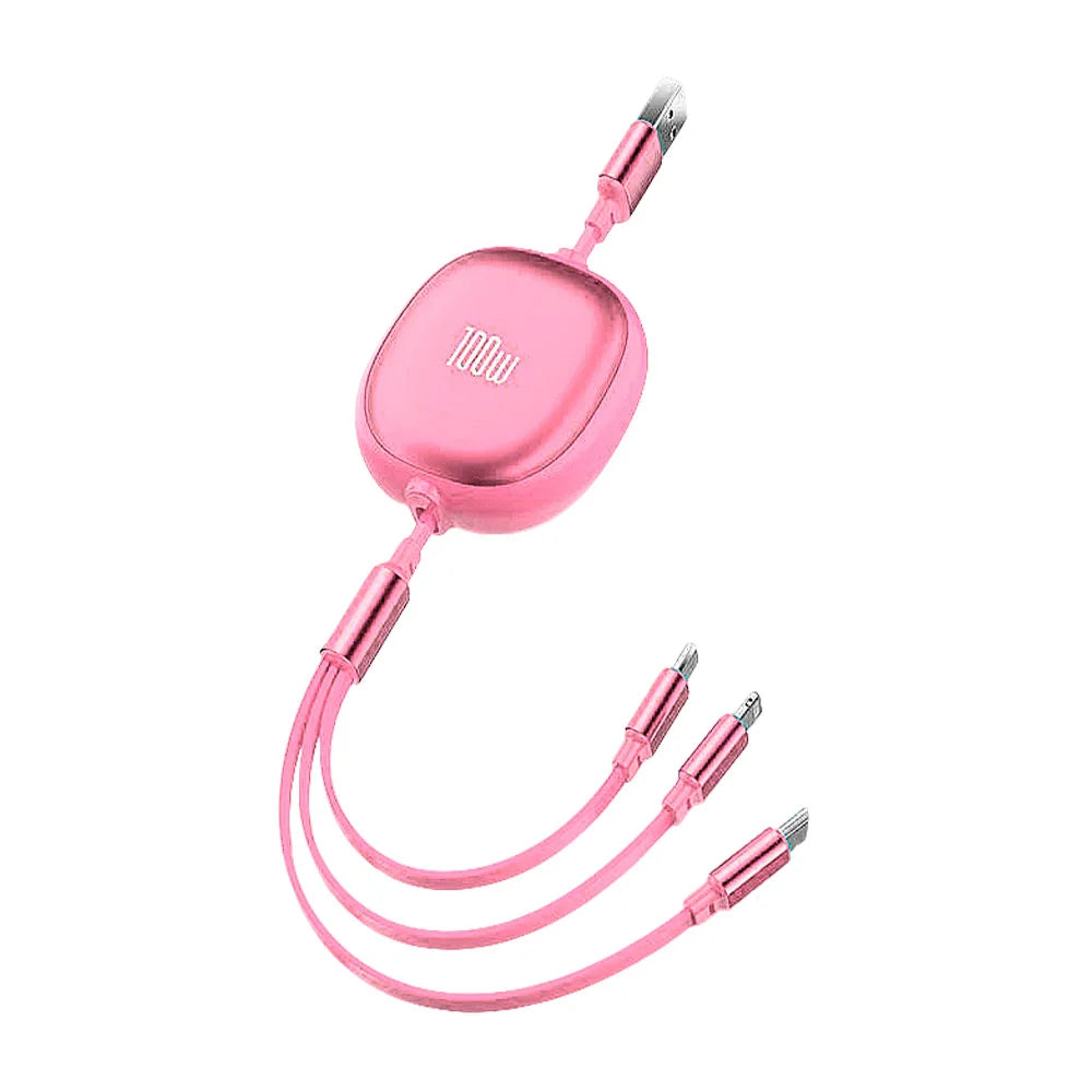 Cable cargador retráctil usb 3 en 1 yisen con entrada tipo c, v8 y lightning, 100w - c100w