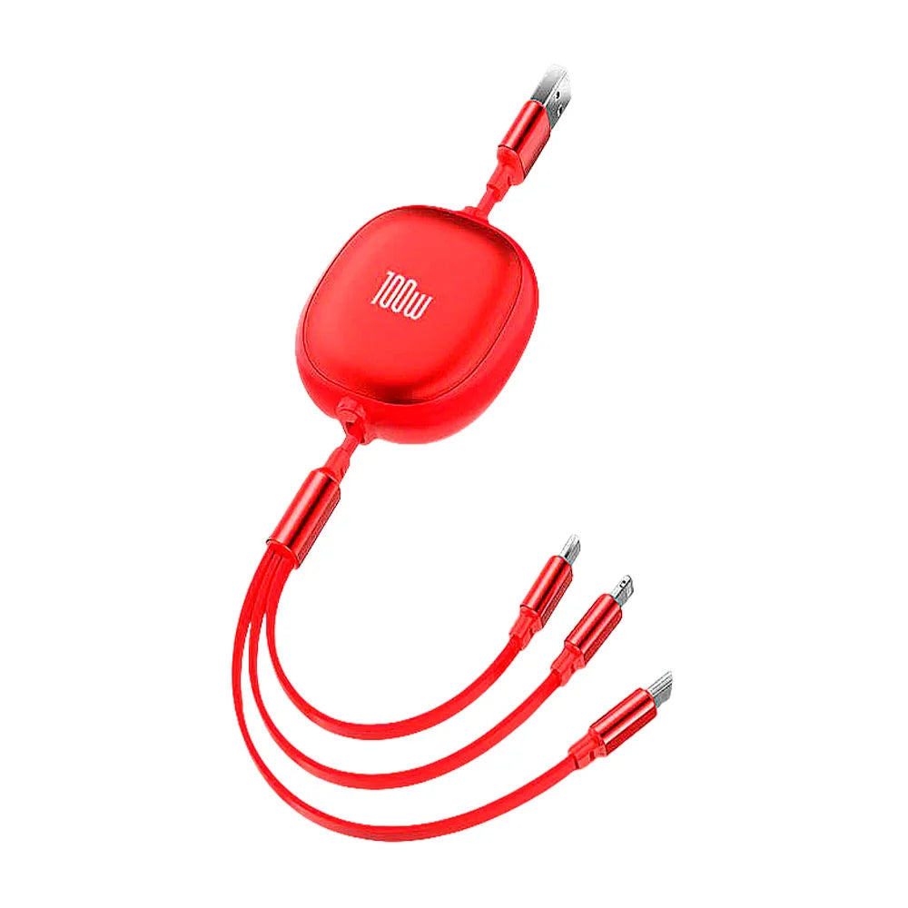 Cable cargador retráctil usb 3 en 1 yisen con entrada tipo c, v8 y lightning, 100w - c100w