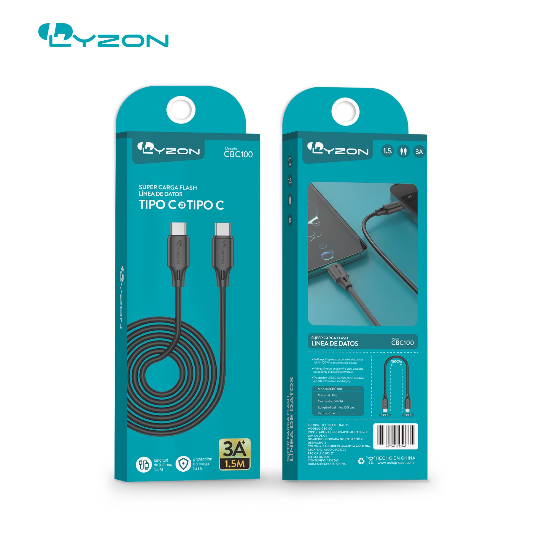 CDMX-Cable Tipo C A Tipo C cargador rápido CBC100 PARA IPHONE 15 Imagen principal del producto
