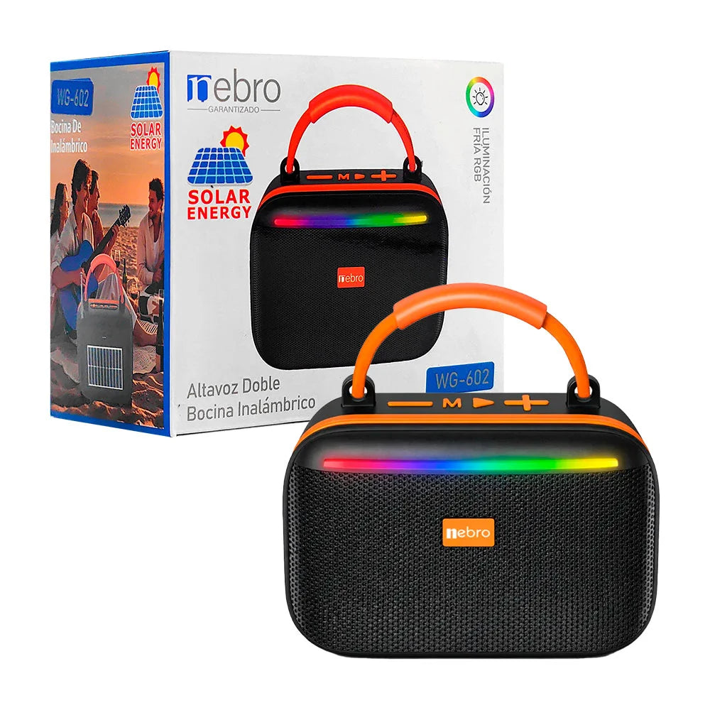 Bocina nebro inalámbrica pequeña, cuadrada con doble altavoz + panel solar y rgb - WG-602 Imagen principal del producto