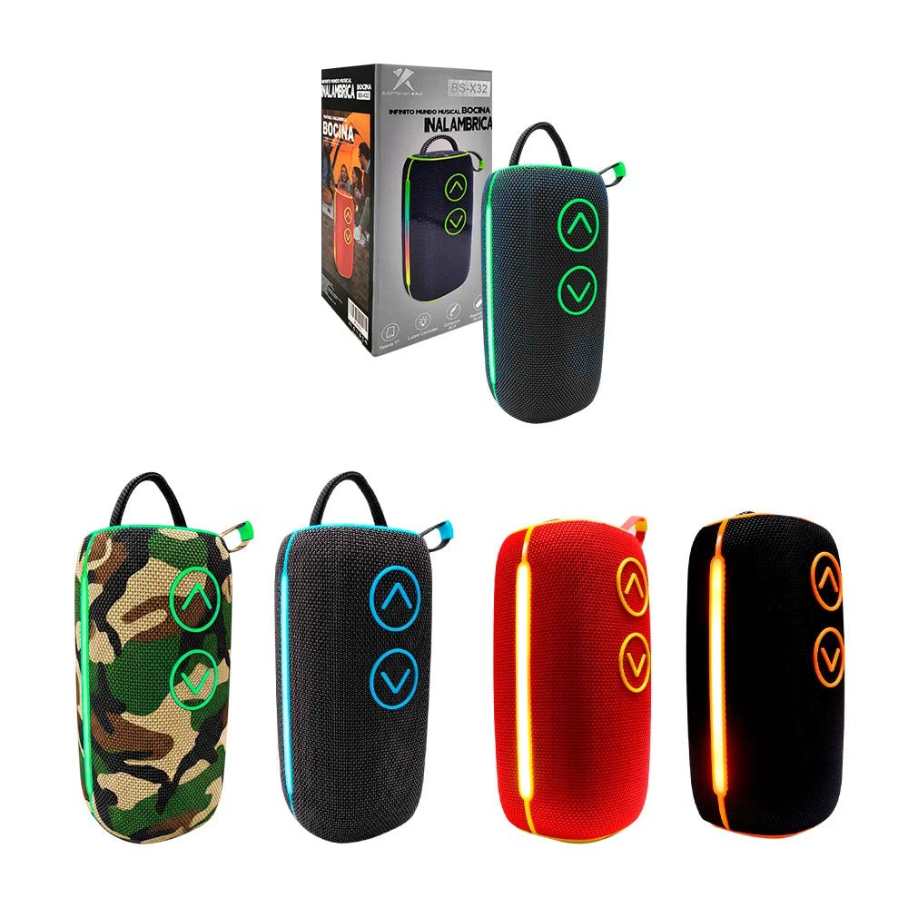 Bocina inalámbrica bluetooth cilíndrica, sonido 360 envolvente, puerto auxiliar, usb y tf + luz rgb - BS - X32 - Mishop Mexico Imagen principal del producto