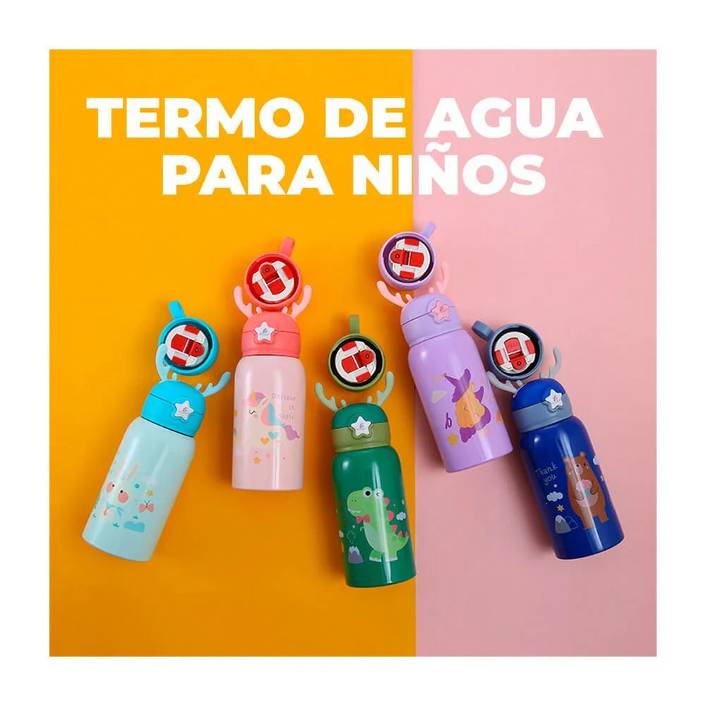 Botella tipo termo de acero inoxidable, diseño de animales, tapaderas intercambiables con diseño de cuernos, funda, capacidad de 500 ml - VAS.44.5 - Mishop Mexico Imagen principal del producto