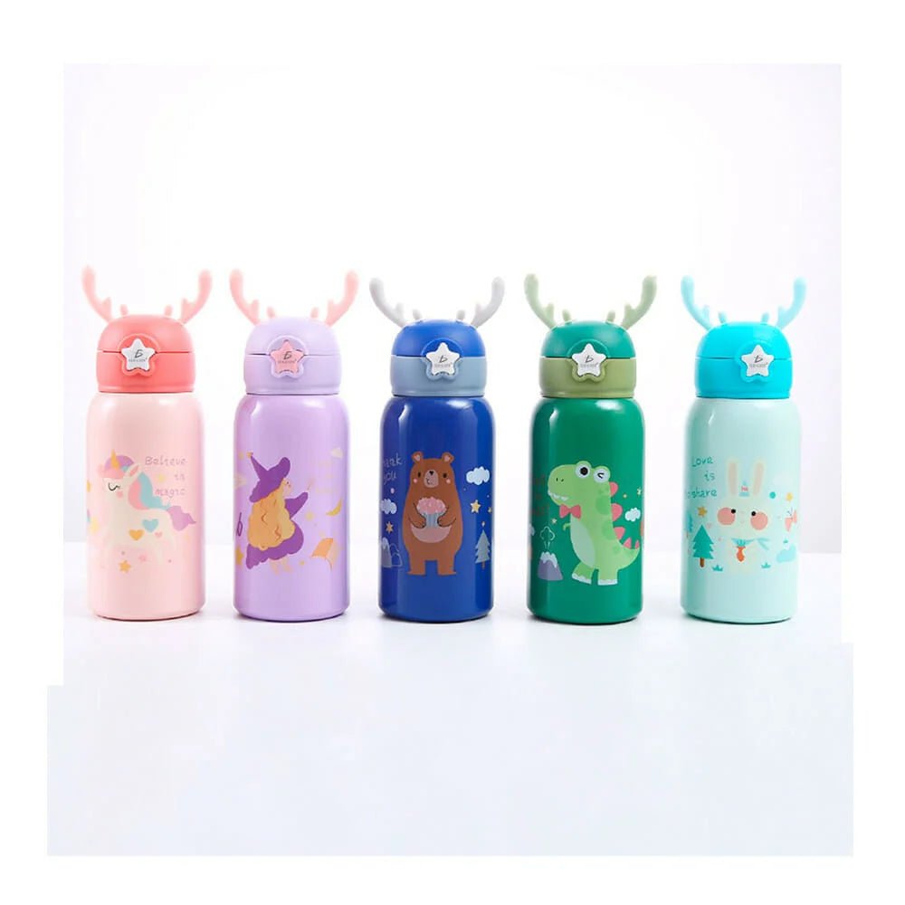 Botella tipo termo de acero inoxidable, diseño de animales, tapaderas intercambiables con diseño de cuernos, funda, capacidad de 500 ml - VAS.44.5 - Mishop Mexico