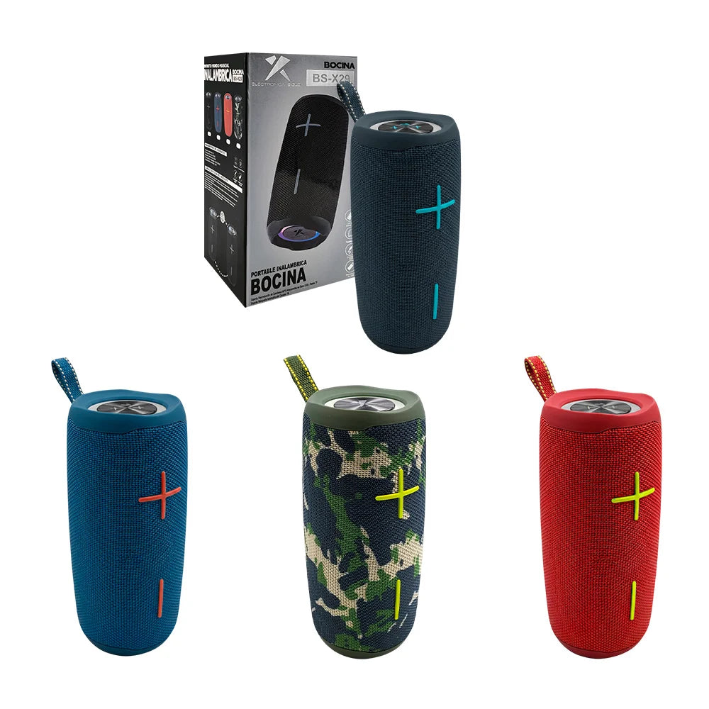 Bocina inalámbrica, cilíndrica con puerto tf, auxiliar y usb, sonido 360 y rgb - BS-X29 Imagen principal del producto