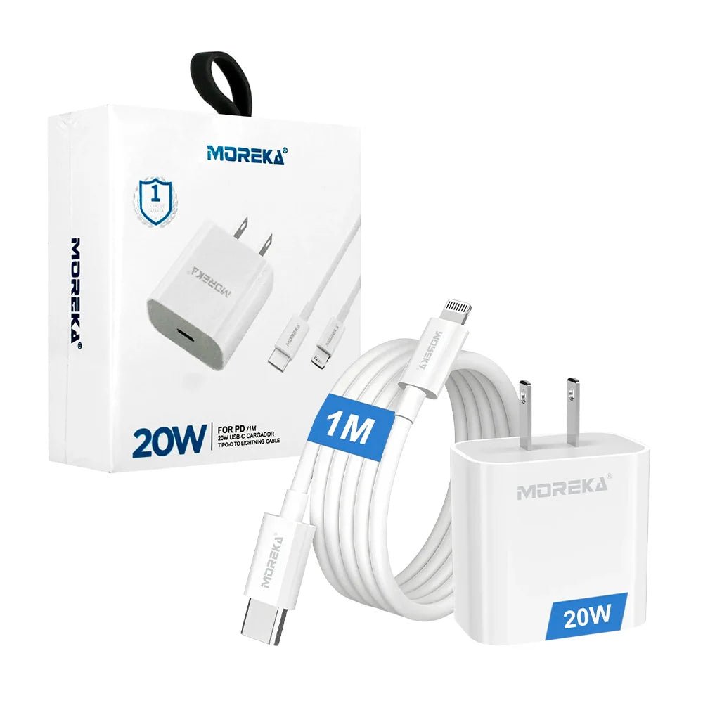 Combo cargador moreka con cable de 1metro entrada tipo-c a lightning de 20w - P-202 - Mishop Mexico Imagen principal del producto