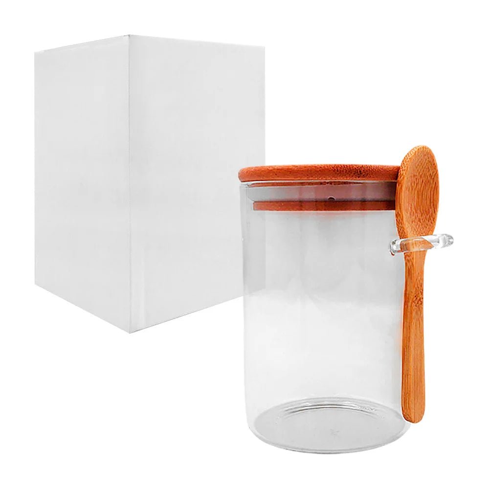 Especiero de 550ml, de vidrio, hermético, redondo, con tapa de madera y cuchara - ro-bl301 - Mishop Mexico Imagen principal del producto