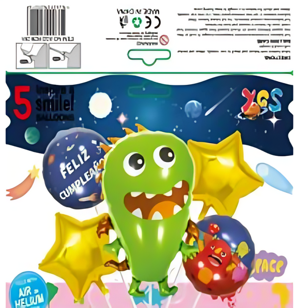 Set de globos de aluminio 5pz diseño de monstruos - 809-75