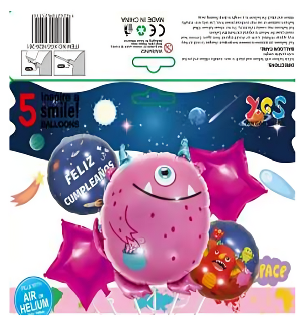Set de globos de aluminio 5pz diseño de monstruos - 809-75