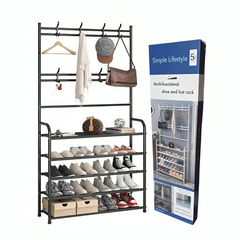 Organizador multifuncional rack con 4 niveles y perchero 60x28x154cm