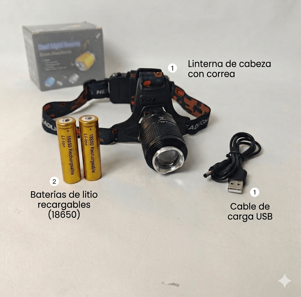 Lampara de cabeza de mineria, con 2 pilas recargables y cargador - DT - 808 - 55 - Mishop Mexico